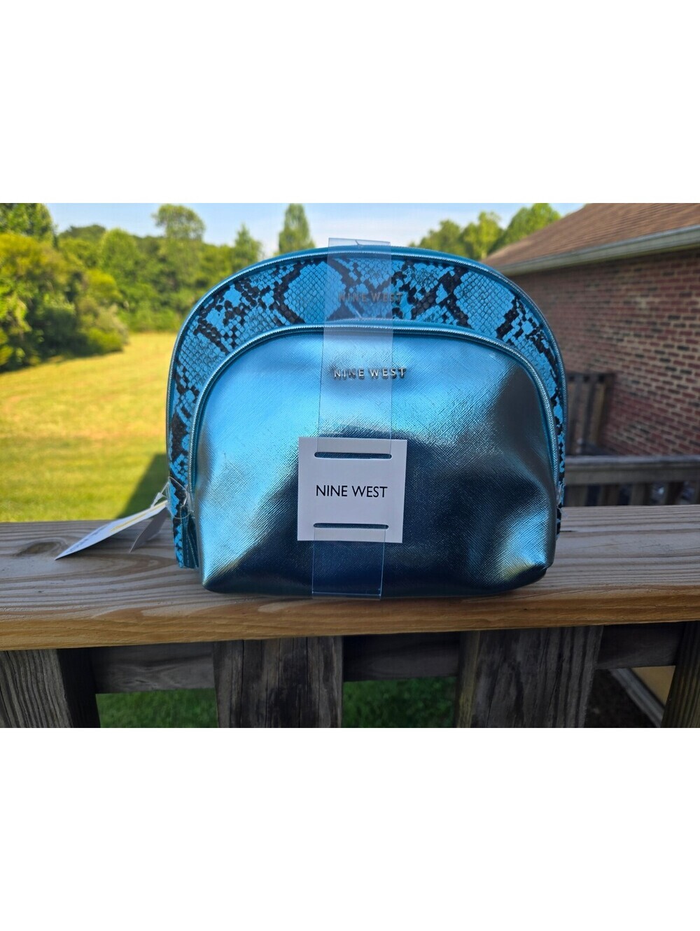 Nine West Blue Snake Print Cosmetic Bag Set NWT - Picture 2 of 6